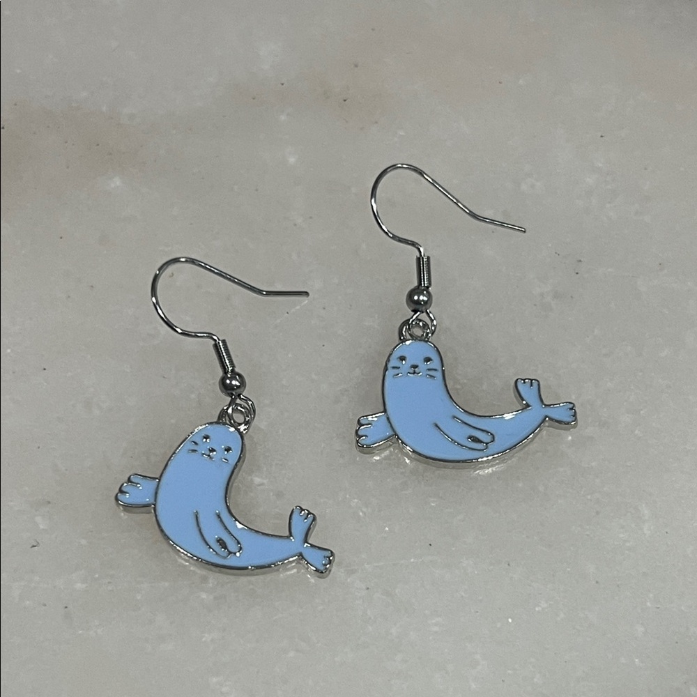 Charming Seal Earrings in Blue and Silver